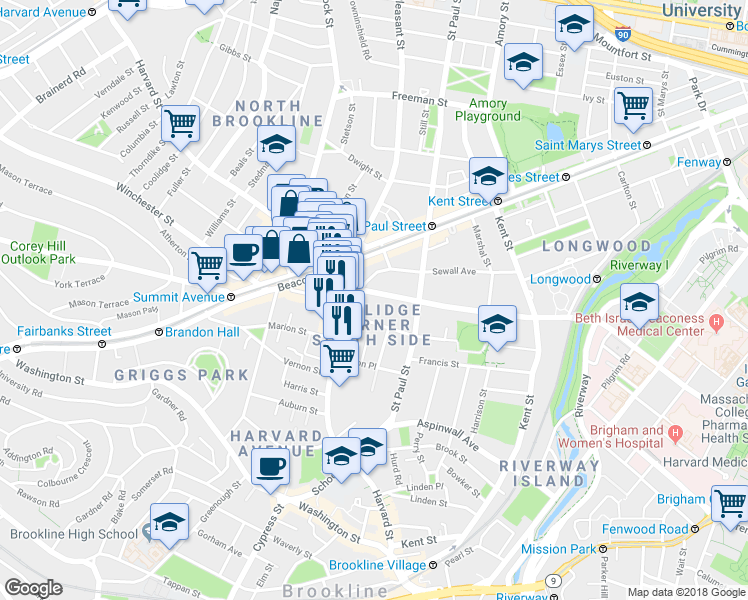 map of restaurants, bars, coffee shops, grocery stores, and more near 20 Stearns Road in Brookline