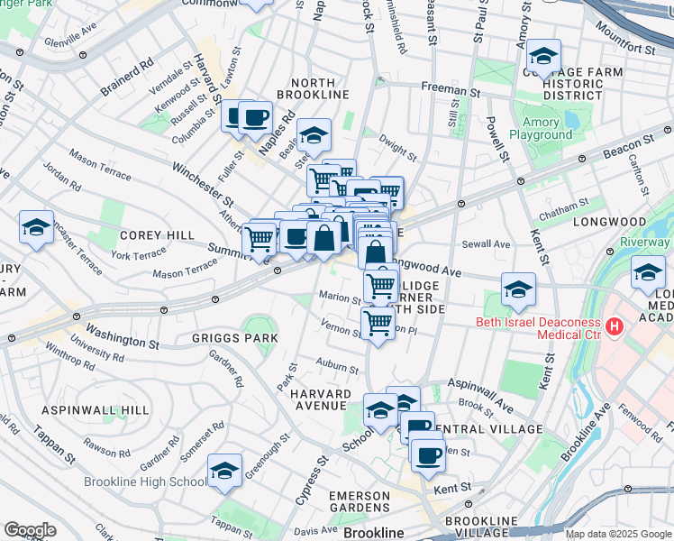 map of restaurants, bars, coffee shops, grocery stores, and more near in Brookline