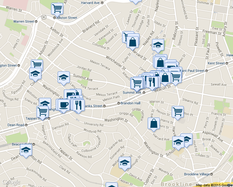 map of restaurants, bars, coffee shops, grocery stores, and more near 1514 Beacon Street in Brookline