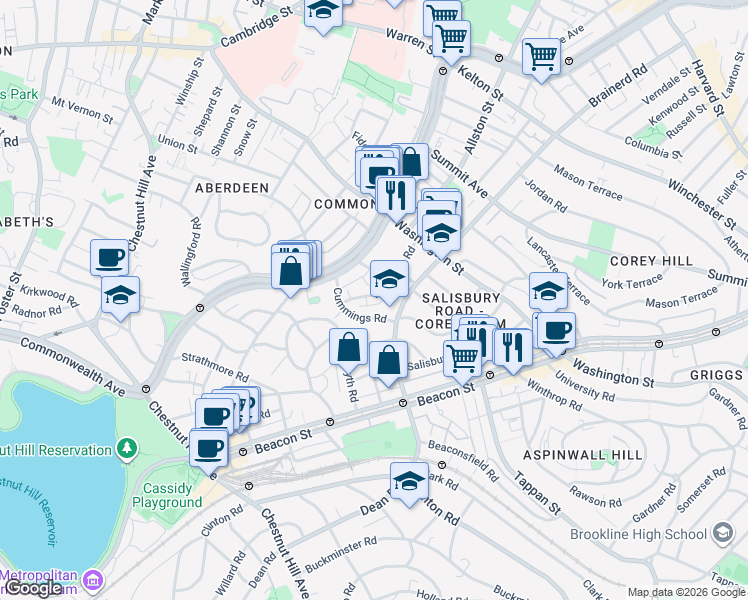 map of restaurants, bars, coffee shops, grocery stores, and more near 11 Cummings Road in Boston