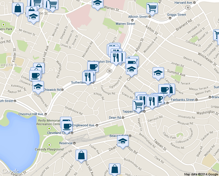 map of restaurants, bars, coffee shops, grocery stores, and more near 11 Cummings Road in Boston
