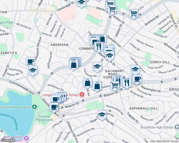 map of restaurants, bars, coffee shops, grocery stores, and more near 11 Cummings Road in Boston