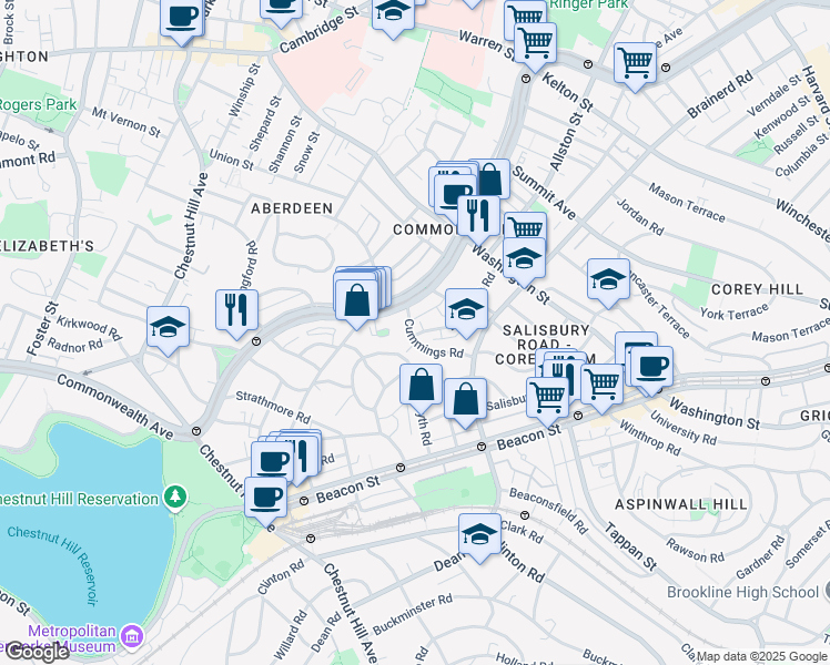 map of restaurants, bars, coffee shops, grocery stores, and more near 36 Cummings Road in Boston