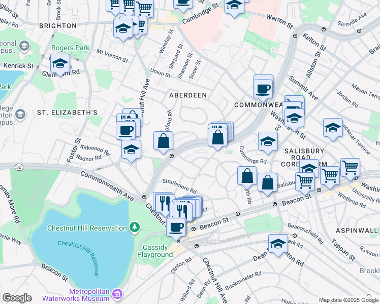 map of restaurants, bars, coffee shops, grocery stores, and more near 8 Kinross Road in Boston
