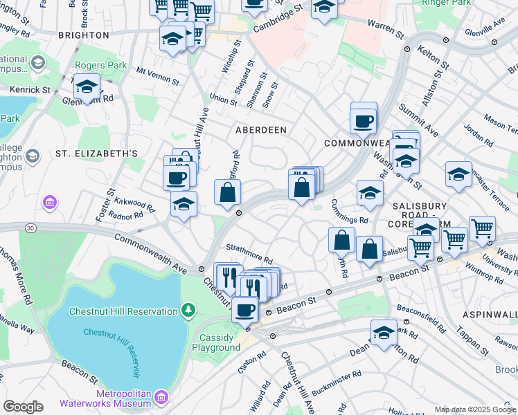 map of restaurants, bars, coffee shops, grocery stores, and more near 8 Kinross Road in Boston