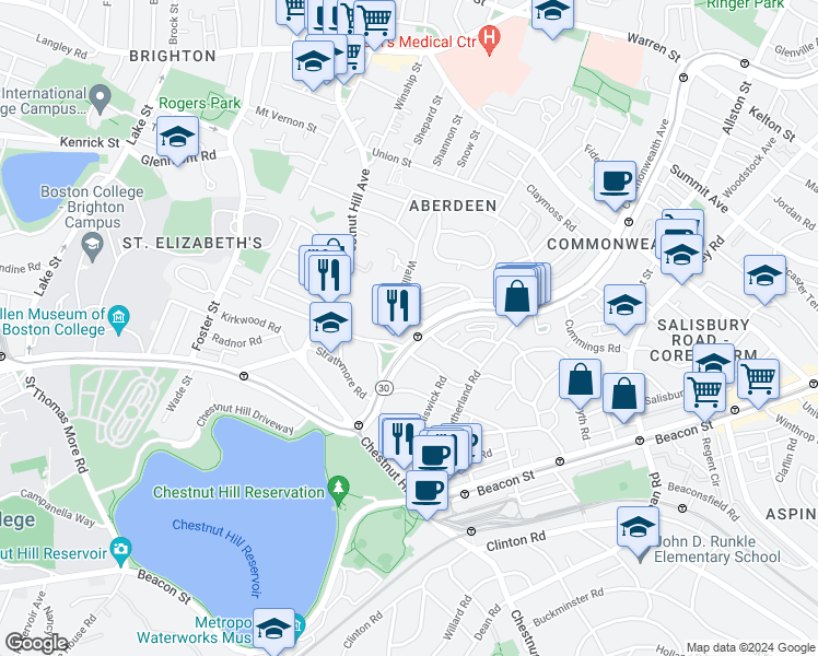 map of restaurants, bars, coffee shops, grocery stores, and more near in Boston