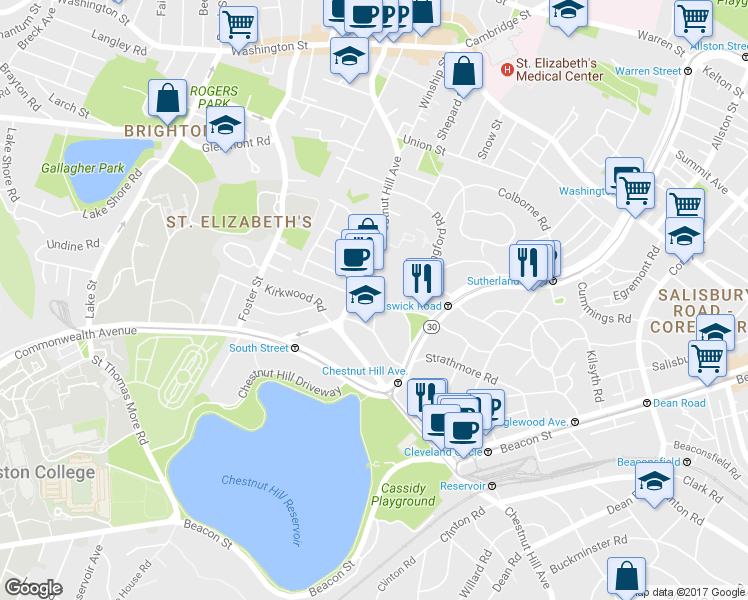map of restaurants, bars, coffee shops, grocery stores, and more near 143 Chiswick Road in Boston