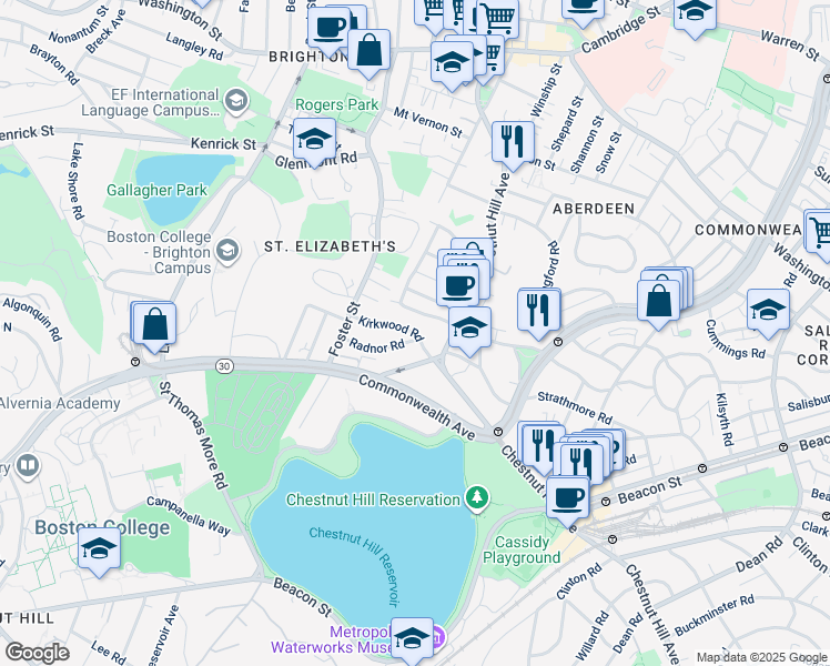 map of restaurants, bars, coffee shops, grocery stores, and more near 49 Radnor Road in Boston