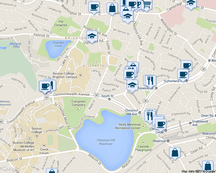 map of restaurants, bars, coffee shops, grocery stores, and more near 15 Radnor Road in Boston