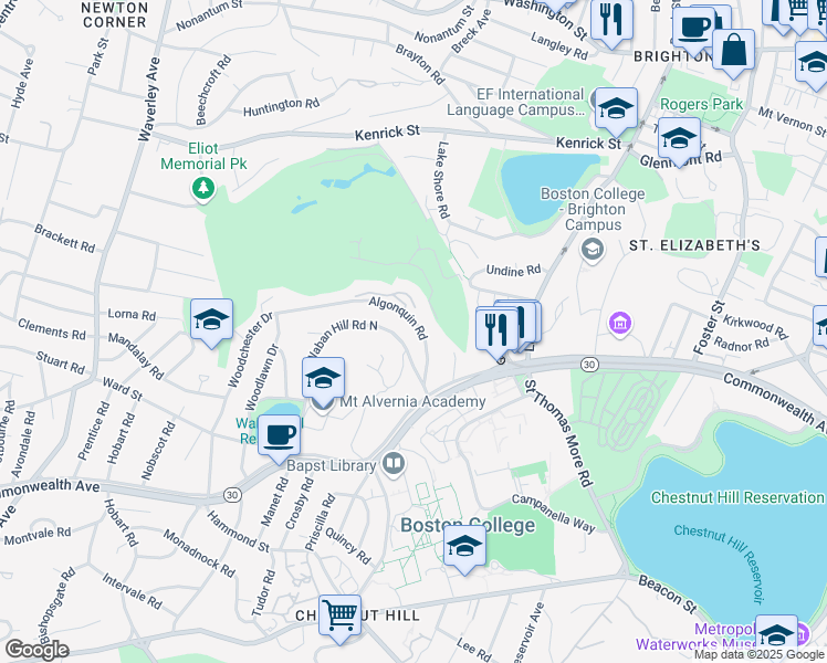 map of restaurants, bars, coffee shops, grocery stores, and more near 33 Waban Hill Road North in Newton