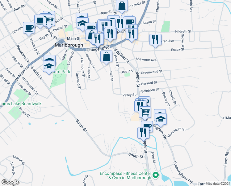 map of restaurants, bars, coffee shops, grocery stores, and more near 67 Valley Street in Marlborough