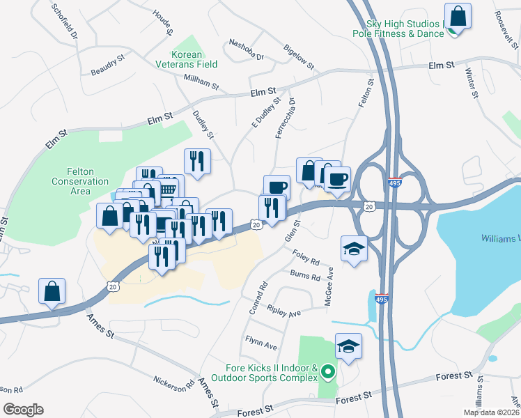 map of restaurants, bars, coffee shops, grocery stores, and more near 44 Boston Post Road West in Marlborough