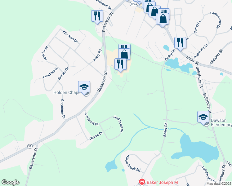 map of restaurants, bars, coffee shops, grocery stores, and more near 216 Reservoir Street in Holden