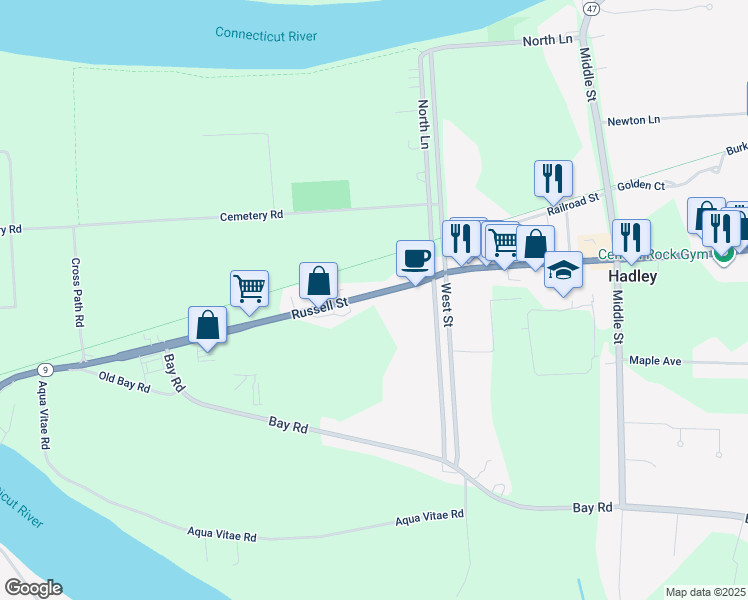 map of restaurants, bars, coffee shops, grocery stores, and more near 73-97 Russell St in Hadley