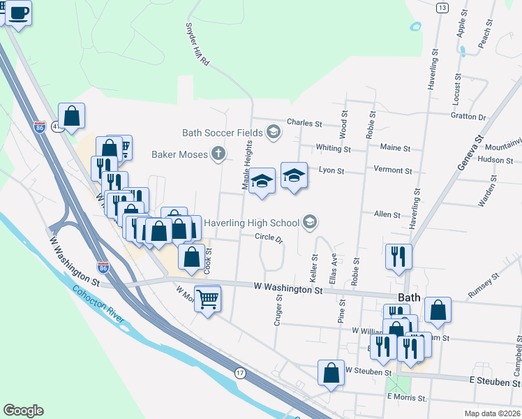 map of restaurants, bars, coffee shops, grocery stores, and more near 111 Circle Drive in Bath