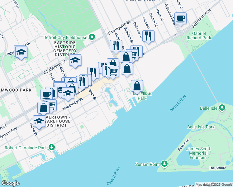 map of restaurants, bars, coffee shops, grocery stores, and more near 3500 East Jefferson Avenue in Detroit