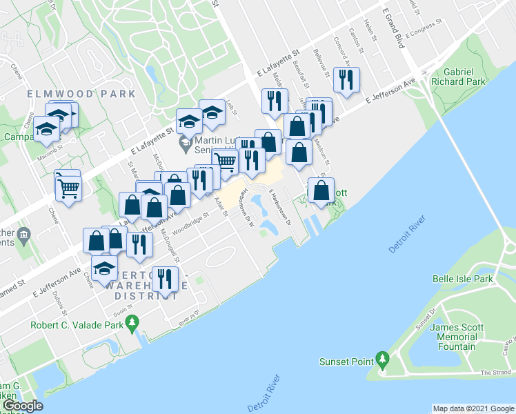 map of restaurants, bars, coffee shops, grocery stores, and more near 120 Main Sail Court in Detroit