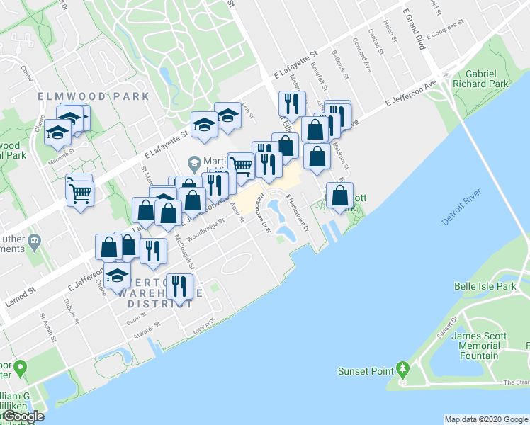 map of restaurants, bars, coffee shops, grocery stores, and more near 3320 Spinnaker Lane in Detroit
