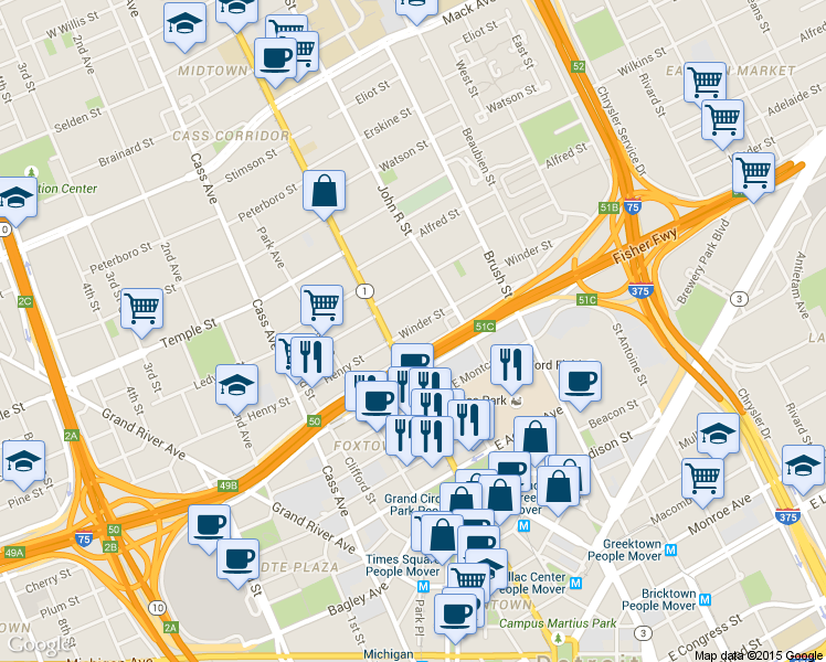 map of restaurants, bars, coffee shops, grocery stores, and more near 66 Winder Street in Detroit