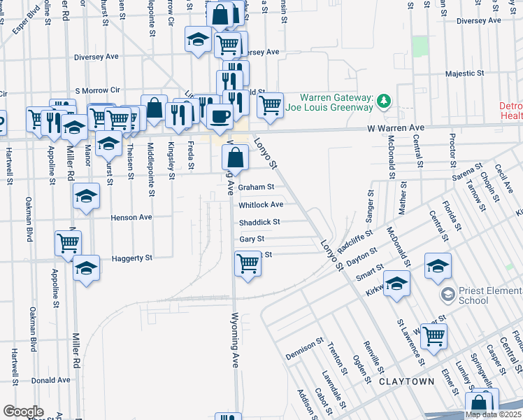 map of restaurants, bars, coffee shops, grocery stores, and more near 8828 Shaddick Street in Dearborn