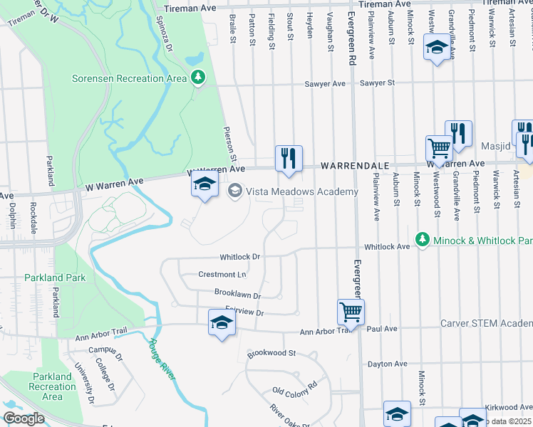 map of restaurants, bars, coffee shops, grocery stores, and more near 6813 Country Lane in Dearborn Heights