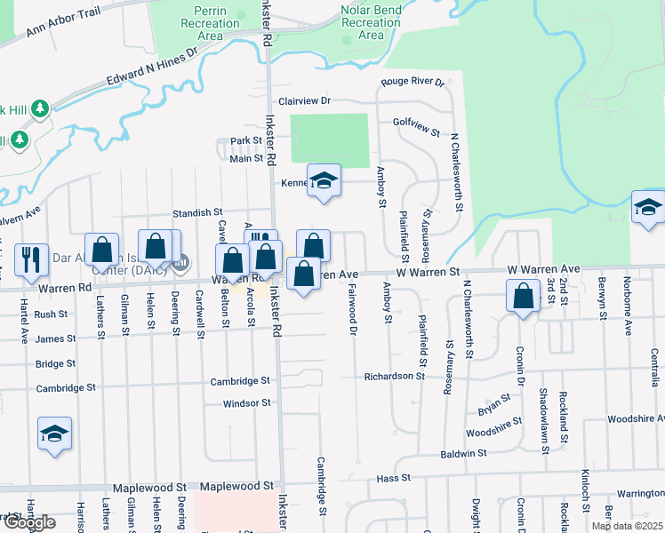 map of restaurants, bars, coffee shops, grocery stores, and more near 27225 West Warren Street in Dearborn Heights