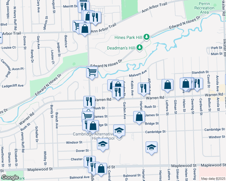 map of restaurants, bars, coffee shops, grocery stores, and more near 29026 Warren Road in Westland