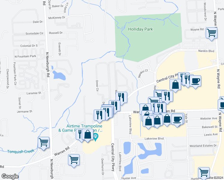 map of restaurants, bars, coffee shops, grocery stores, and more near 7477 Manor Circle in Westland