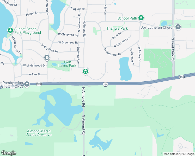 map of restaurants, bars, coffee shops, grocery stores, and more near 17686 Illinois 120 in Grayslake