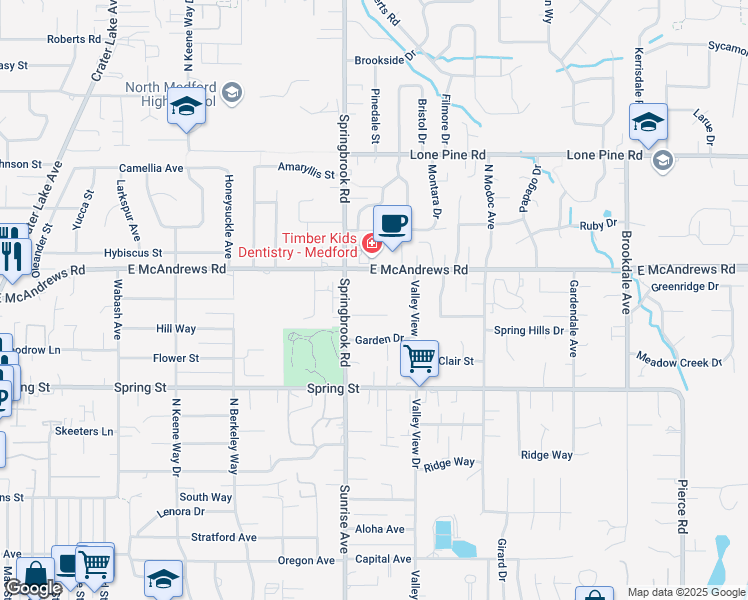 map of restaurants, bars, coffee shops, grocery stores, and more near 2596 East McAndrews Road in Medford