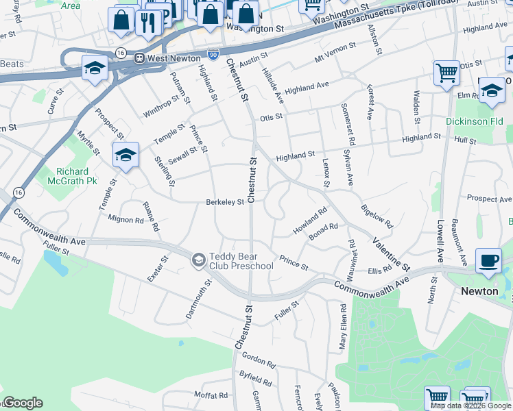 map of restaurants, bars, coffee shops, grocery stores, and more near 21 Barnstable Road in Newton