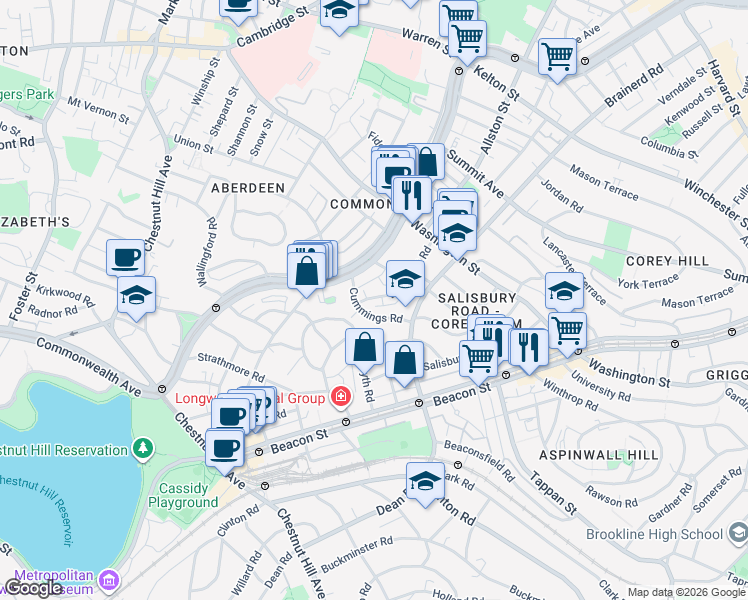 map of restaurants, bars, coffee shops, grocery stores, and more near 11 Cummings Road in Boston