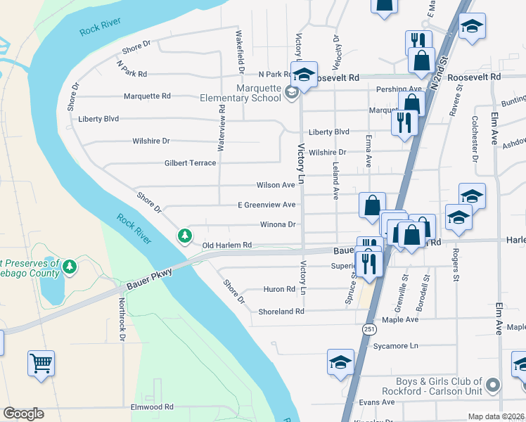 map of restaurants, bars, coffee shops, grocery stores, and more near 210 Winona Drive in Machesney Park