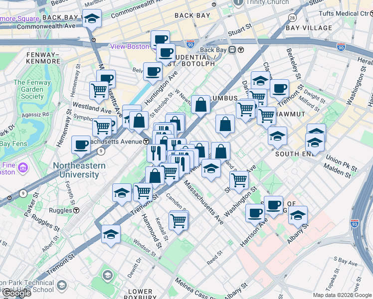 map of restaurants, bars, coffee shops, grocery stores, and more near 144 Worcester Street in Boston