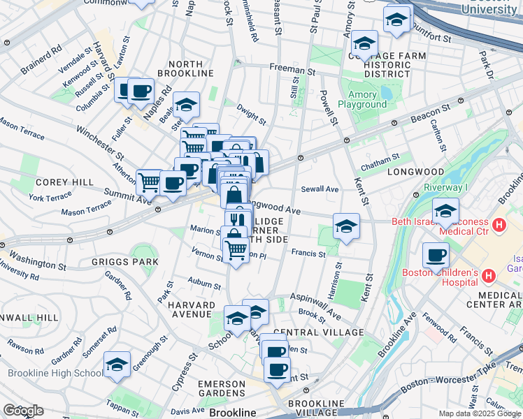 map of restaurants, bars, coffee shops, grocery stores, and more near 33 Longwood Avenue in Brookline
