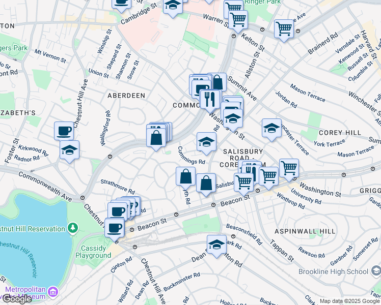 map of restaurants, bars, coffee shops, grocery stores, and more near 9 Egremont Road in Boston