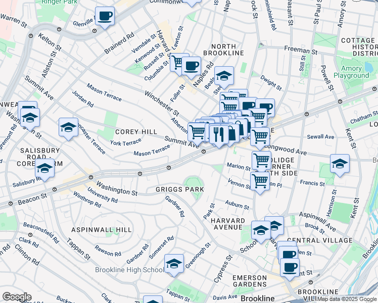 map of restaurants, bars, coffee shops, grocery stores, and more near 1440 Beacon Street in Brookline