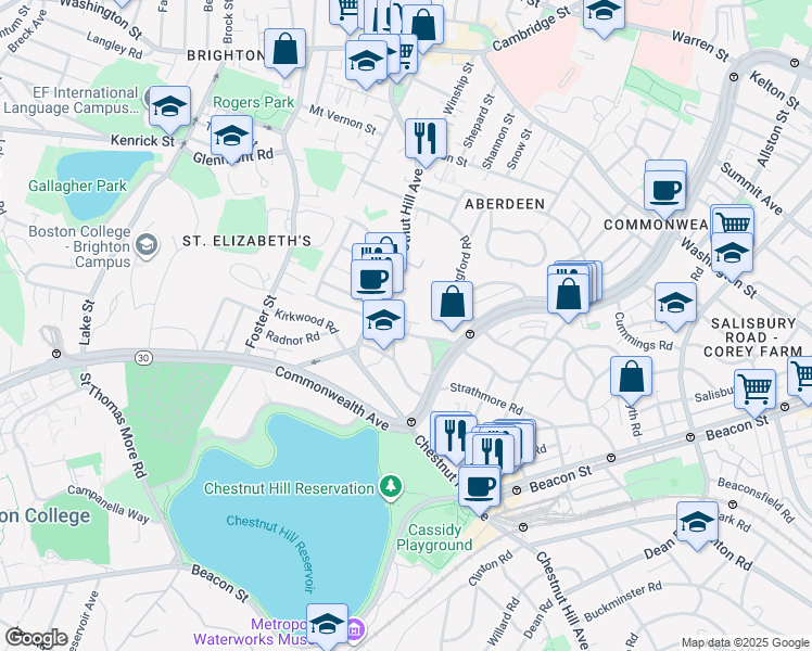 map of restaurants, bars, coffee shops, grocery stores, and more near 186 Chestnut Hill Avenue in Boston