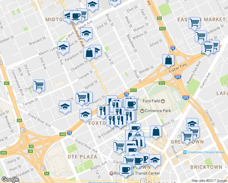 map of restaurants, bars, coffee shops, grocery stores, and more near 66 Winder Street in Detroit