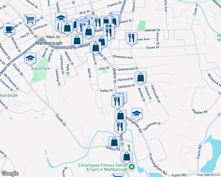 map of restaurants, bars, coffee shops, grocery stores, and more near 175 Maple Street in Marlborough