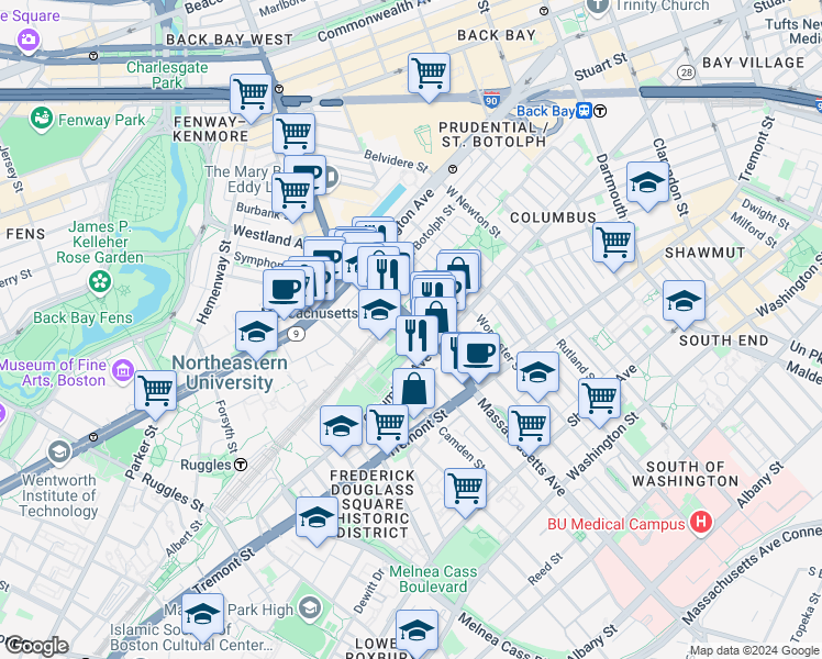 map of restaurants, bars, coffee shops, grocery stores, and more near 409 Massachusetts Avenue in Boston