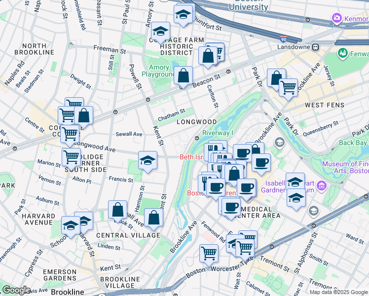 map of restaurants, bars, coffee shops, grocery stores, and more near 20 Chapel Street in Brookline