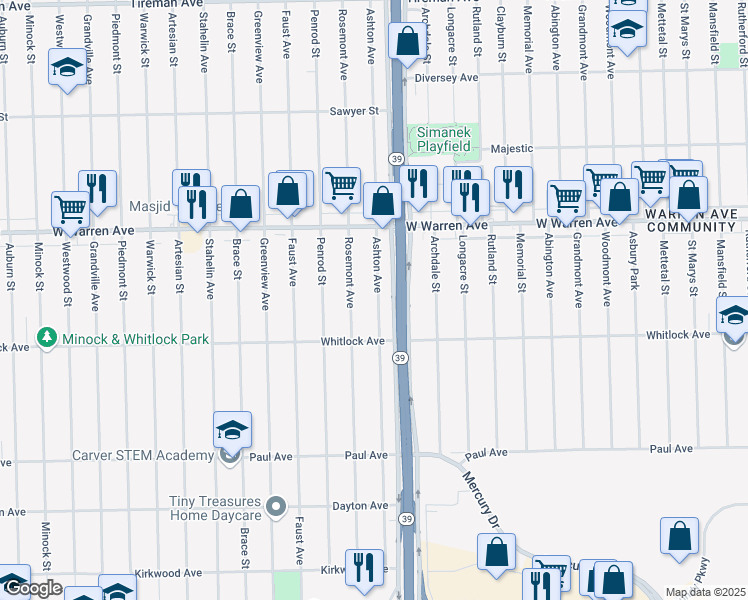 map of restaurants, bars, coffee shops, grocery stores, and more near 6785 Ashton Avenue in Detroit