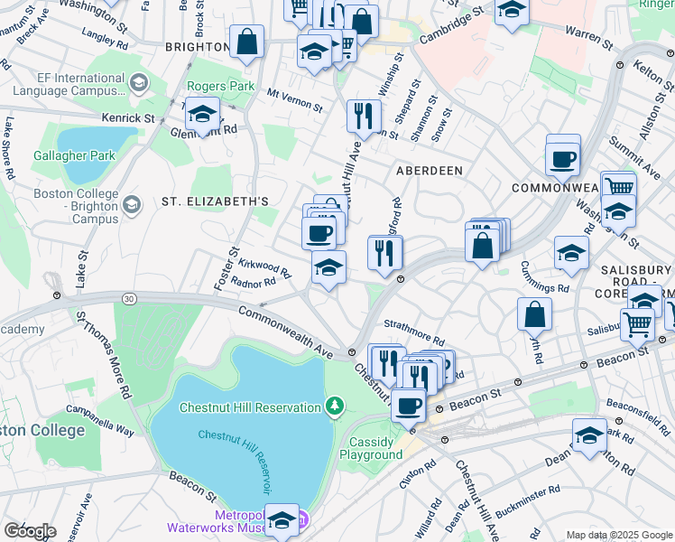 map of restaurants, bars, coffee shops, grocery stores, and more near 186 Chestnut Hill Avenue in Boston