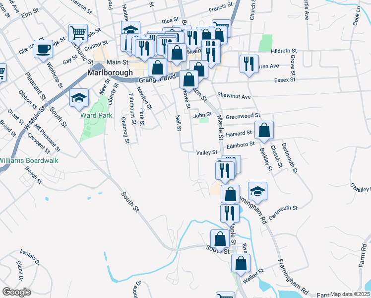 map of restaurants, bars, coffee shops, grocery stores, and more near 67 Valley Street in Marlborough