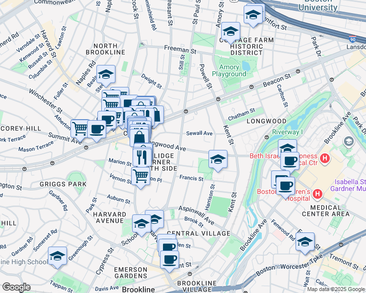 map of restaurants, bars, coffee shops, grocery stores, and more near 118 Saint Paul Street in Brookline