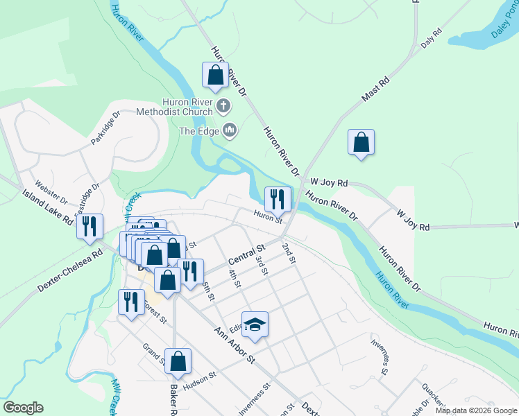 map of restaurants, bars, coffee shops, grocery stores, and more near 8027 Huron Street in Dexter