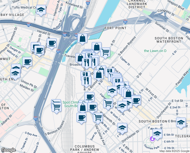 map of restaurants, bars, coffee shops, grocery stores, and more near 51 Silver Street in Boston