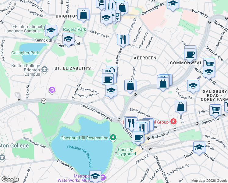 map of restaurants, bars, coffee shops, grocery stores, and more near 141 Chiswick Road in Boston