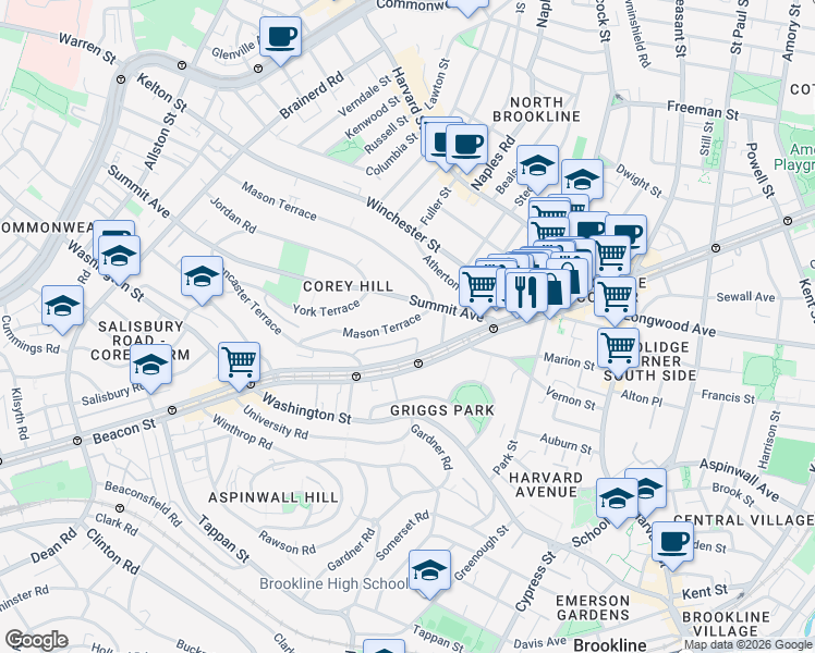 map of restaurants, bars, coffee shops, grocery stores, and more near 1476 Beacon Street in Brookline